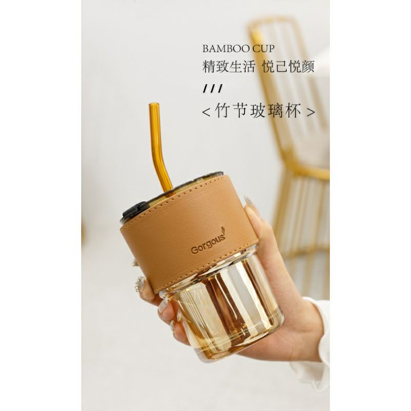 Ly Thủy tinh bọc da kèm ống hút