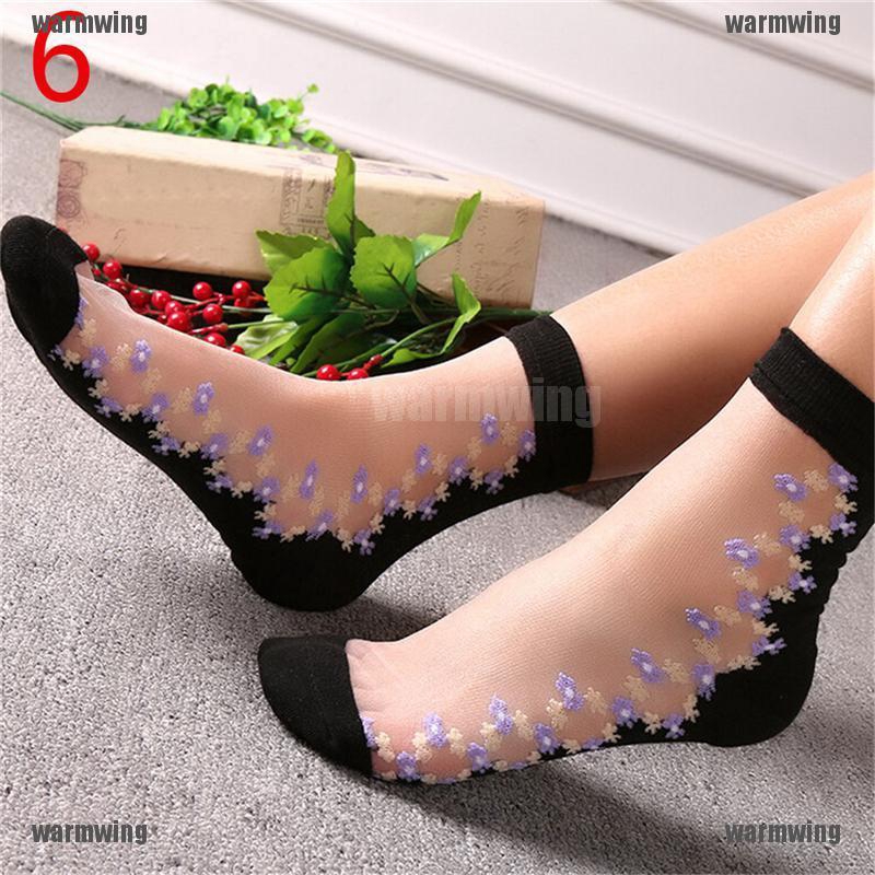 Tất Ngắn Vải Lụa Trong Suốt Phối Ren Hoa Thời Trang Mùa Hè Cho Nữ