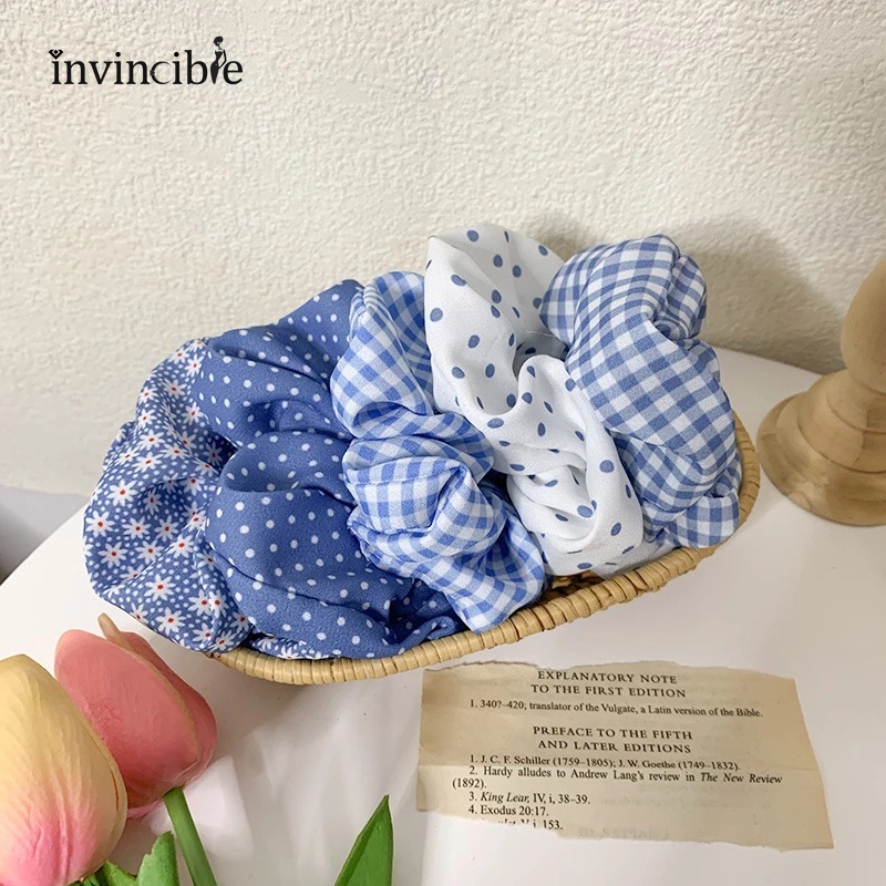 Dây buộc tóc co giãn họa tiết chấm bi / kẻ sọc / chấm bi màu xanh dương phong cách Pháp