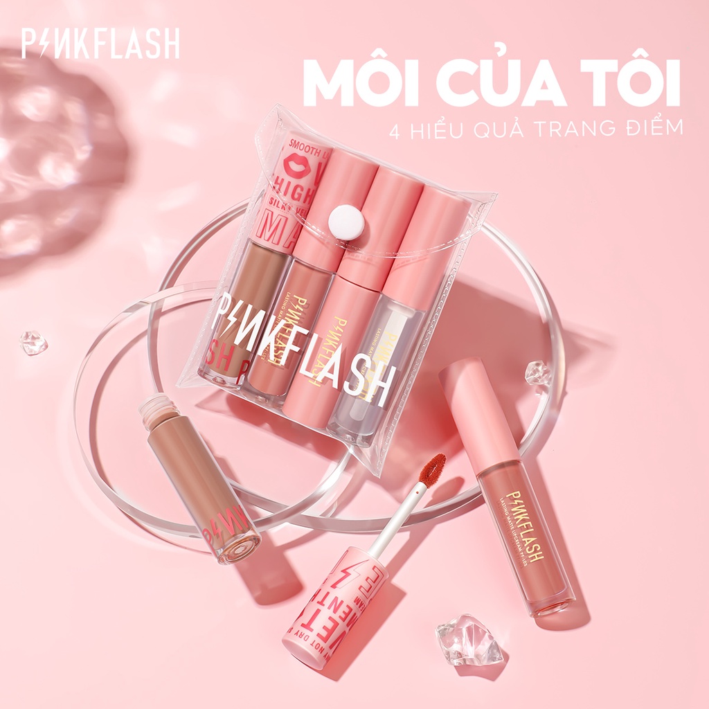 PINKFLASH Bộ Son Kem Dưỡng Ẩm Lâu Trôi Màu Hồng với  Túi PVC Trong Suốt 150g/5PCS