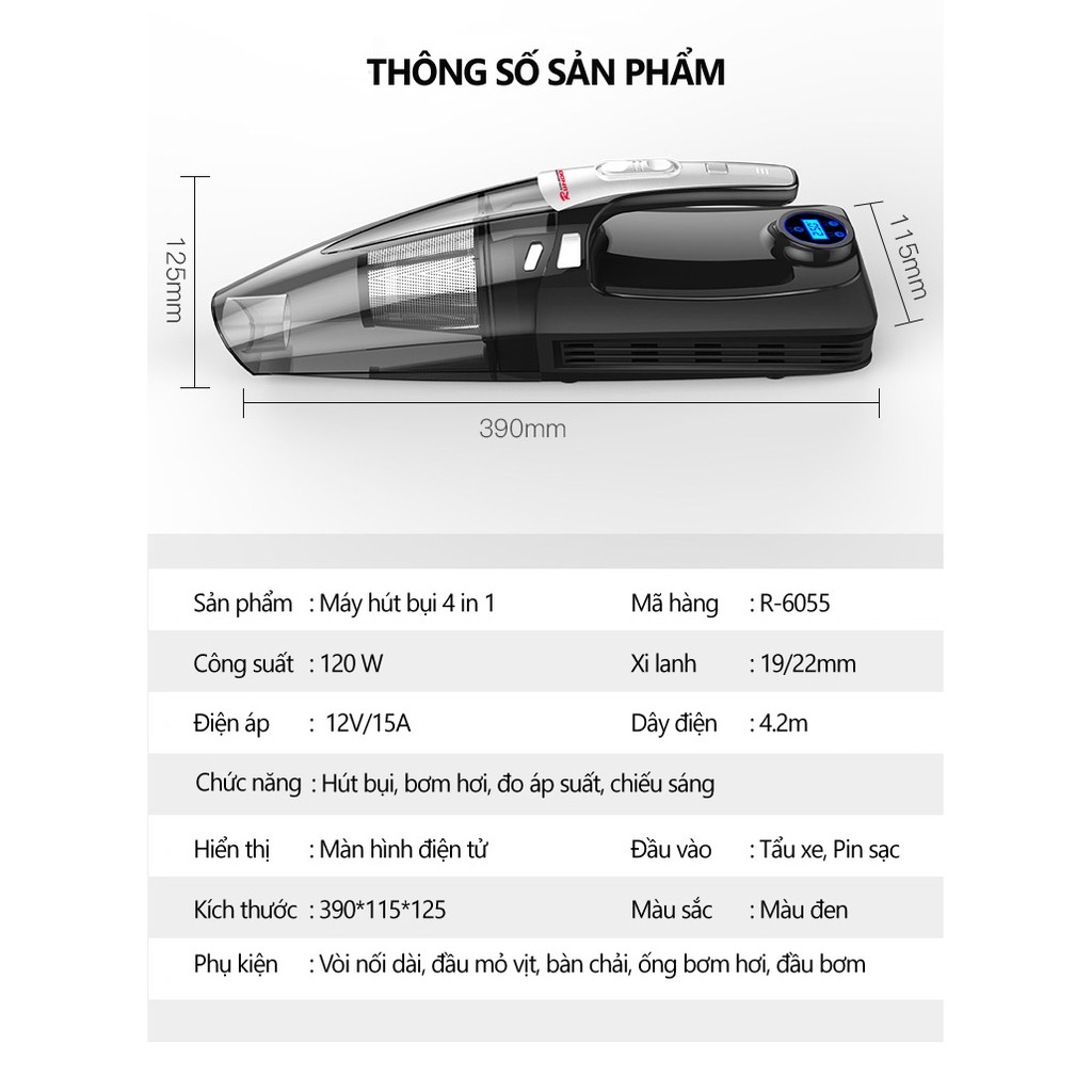 Máy hút bụi kiêm bơm lốp ô tô RUNDONG R-6055| 4 in 1 thiết kế hiện đại