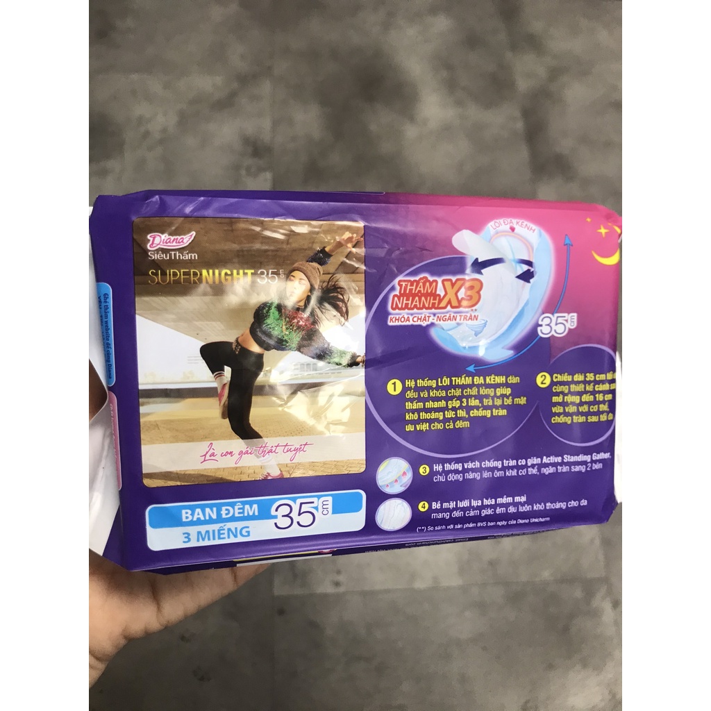Diana Super night 35cm 3 miếng 1 túi (băng vệ sinh ban đêm)