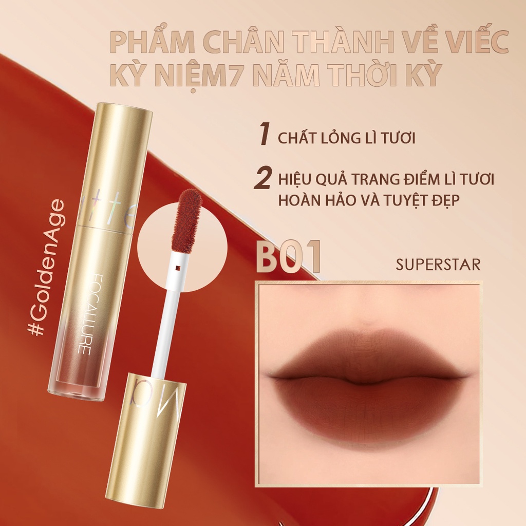 Son môi FOCALLURE dạng lỏng màu sắc sáng bóng nhanh khô lâu trôi với vỏ son màu vàng kim GoldenAge 2.5g