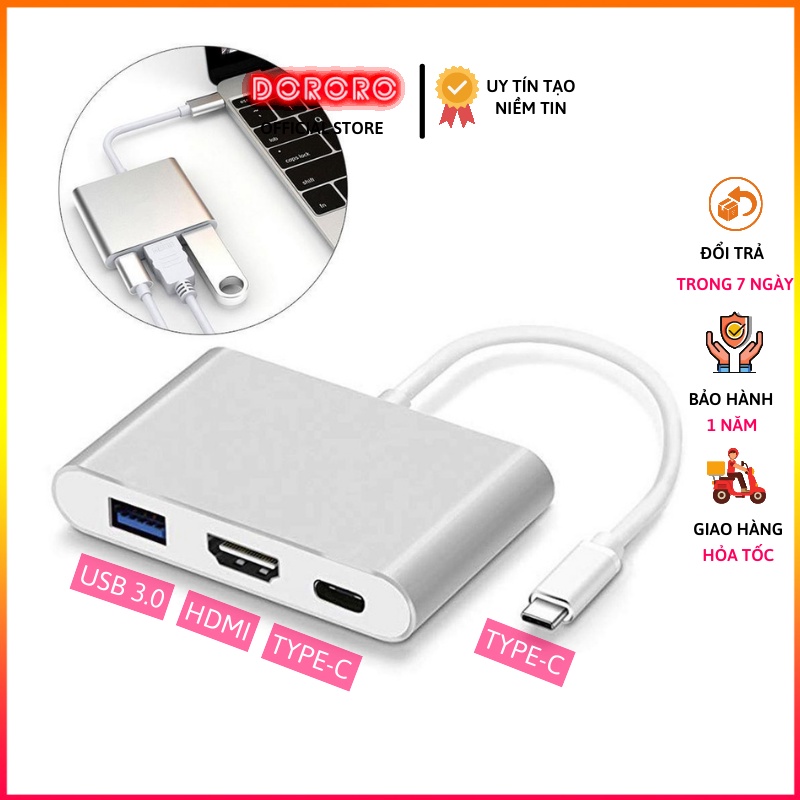 Hub Type C 3in1 - Bộ chuyển đổi Type C 3 in 1 to HDMI USB 3.0 PD cho Laptop, Điện thoại Samsung DEX