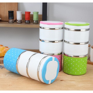 Cặp lồng cơm 3 tầng chấm bi chân không cách nhiệt 2.1 lít - hộp cơm inox giữ nhiệt - camen cơm chấm bi