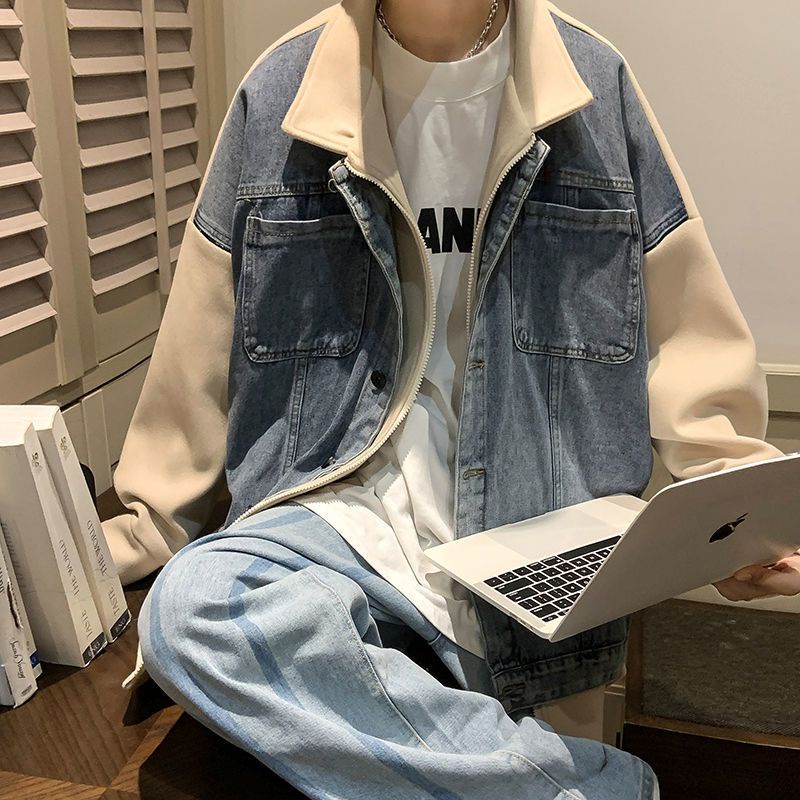 Áo Khoác Denim Giả Hai Lớp Dáng Rộng Phong Cách Hàn Quốc Thời Trang Xuân Thu Cho Nam