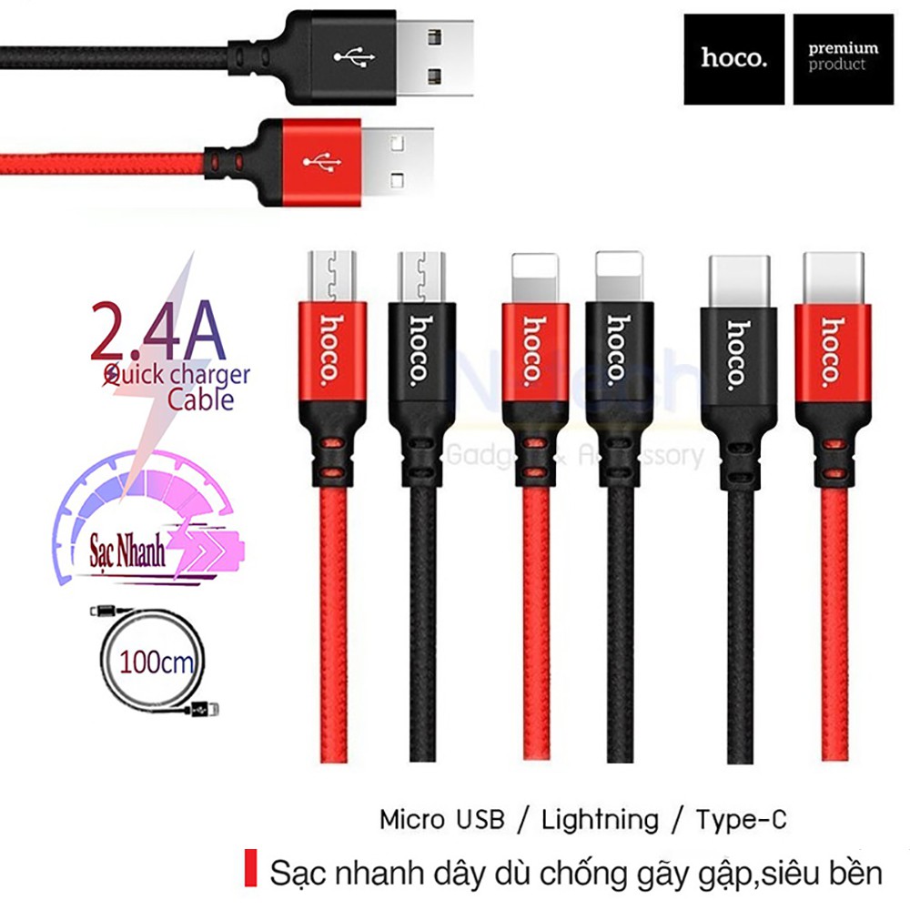 ⚡NowShip⚡ Cáp Sạc 💎Sạc Nhanh + Chống Gãy 💎 Dây Dài 1M 2M Sạc Hoco X14 3A 18W Lightning Type C Micro IPhone Android HOCO