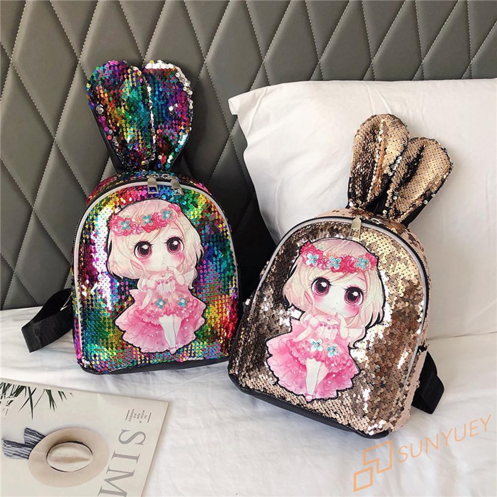 【In Stock】Rabbit Ear Sequins Backpack Cartoon Lovely Students Shoulder School Bags