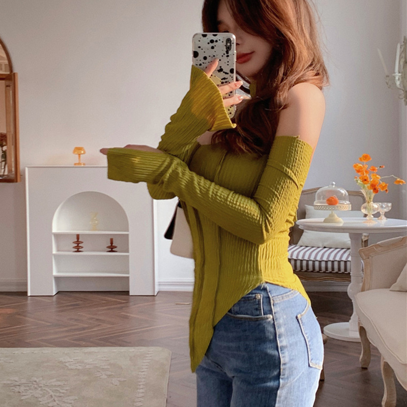 IELGY  Áo Thun Tay Dài Hở Vai Tự Cột Dây Thời Trang Cho Nữ