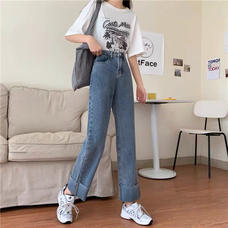quần jeans ống suông gập gấu form basic