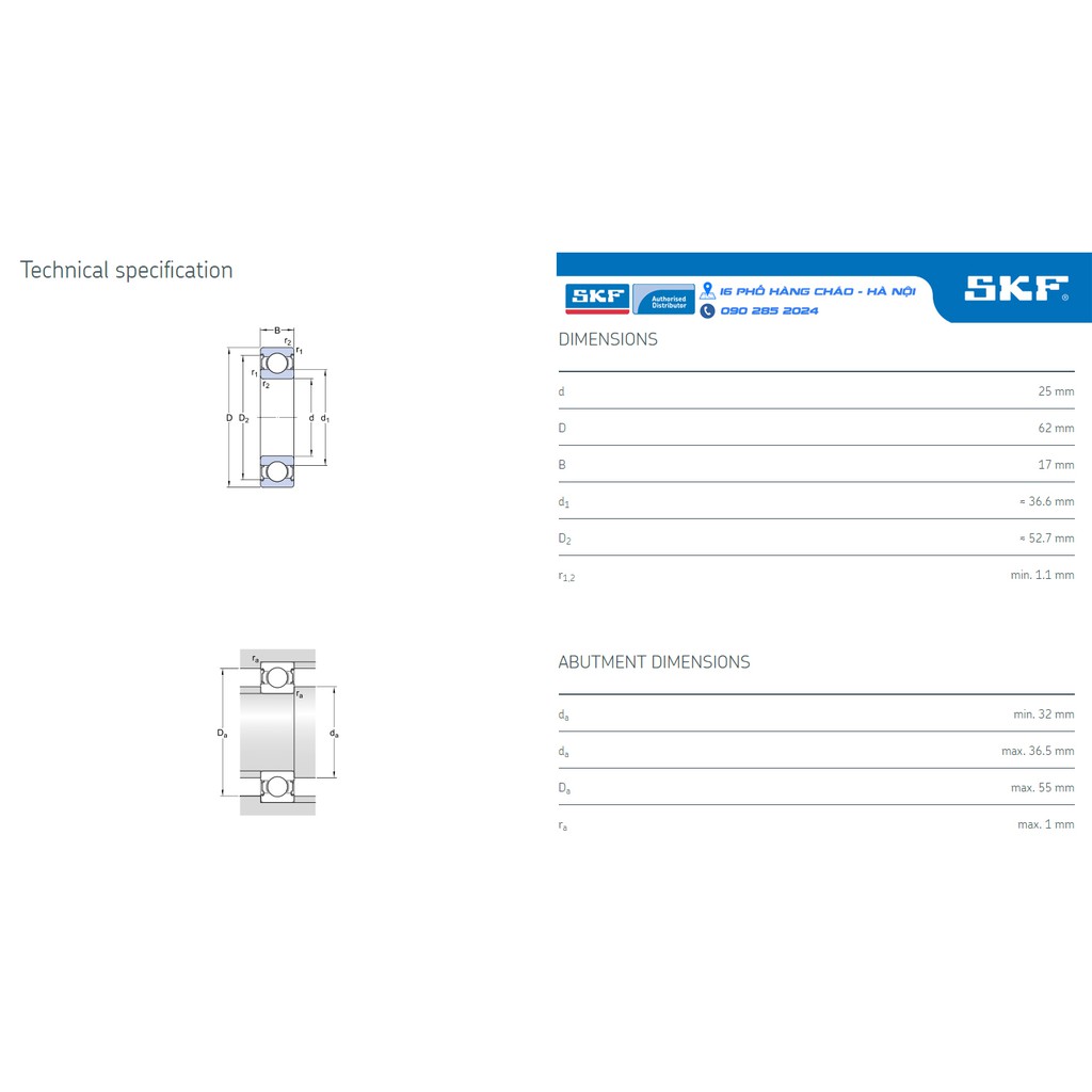 VÒNG BI SKF 6305-2Z/C3 chính hãng