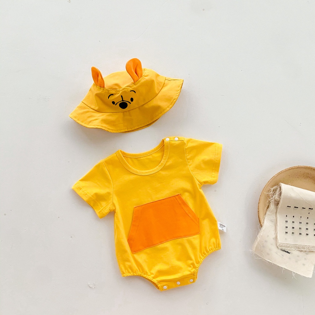 Áo liền quần ngắn tay in hoạt hình + mũ dễ thương thời trang mùa hè cho bé sơ sinh