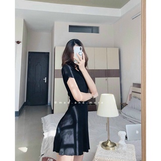 Đầm Thun Gân Cổ tròn Dáng xòe Basic 2 Màu Đen Đỏ 1430