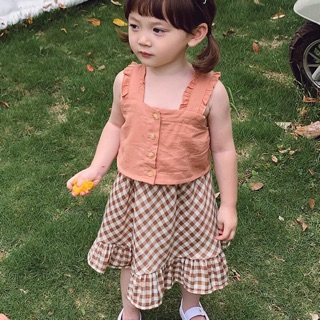 Set áo 2 dây chân váy kẻ vintage dễ thương cho bé gái