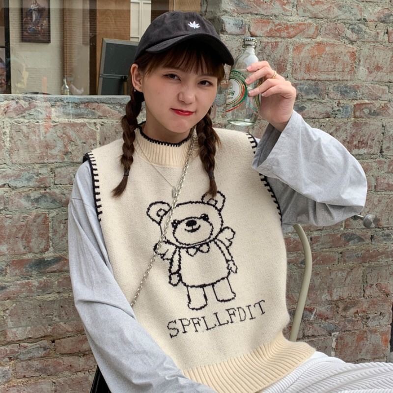 Gile Len Nữ Quảng Châu, Áo Gile Len Form Rộng Unisex Họa Tiết Hình Gấu Cổ Tròn Taobao