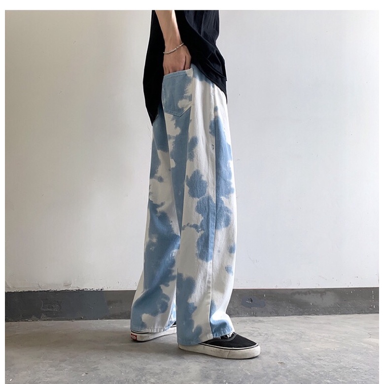 Quần bò jeans ống rộng màu bò sữa phối màu xanh trắng hiphop ovesize Ulzzang siêu chất ❤️