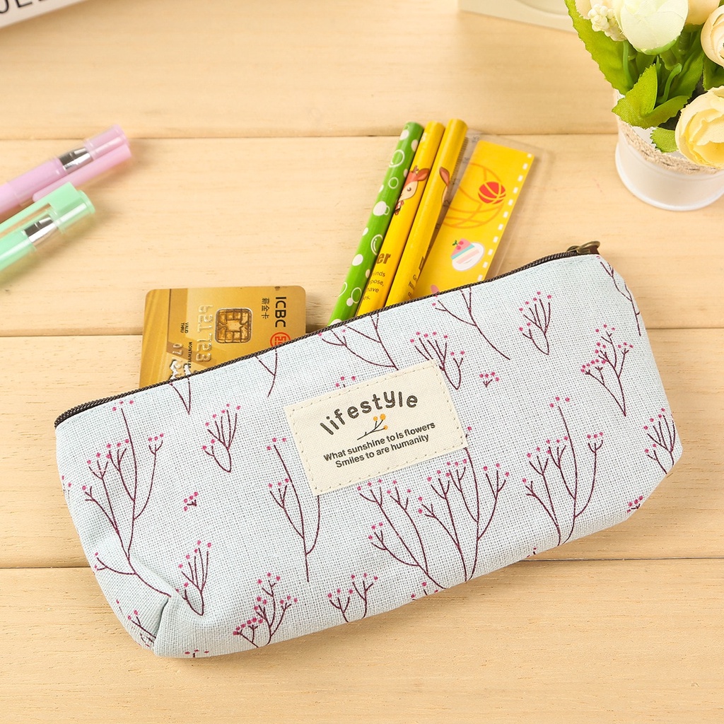 Túi Đựng Bút Bằng Vải Canvas In Họa Tiết Hoa Xinh Xắn Dễ Thương
