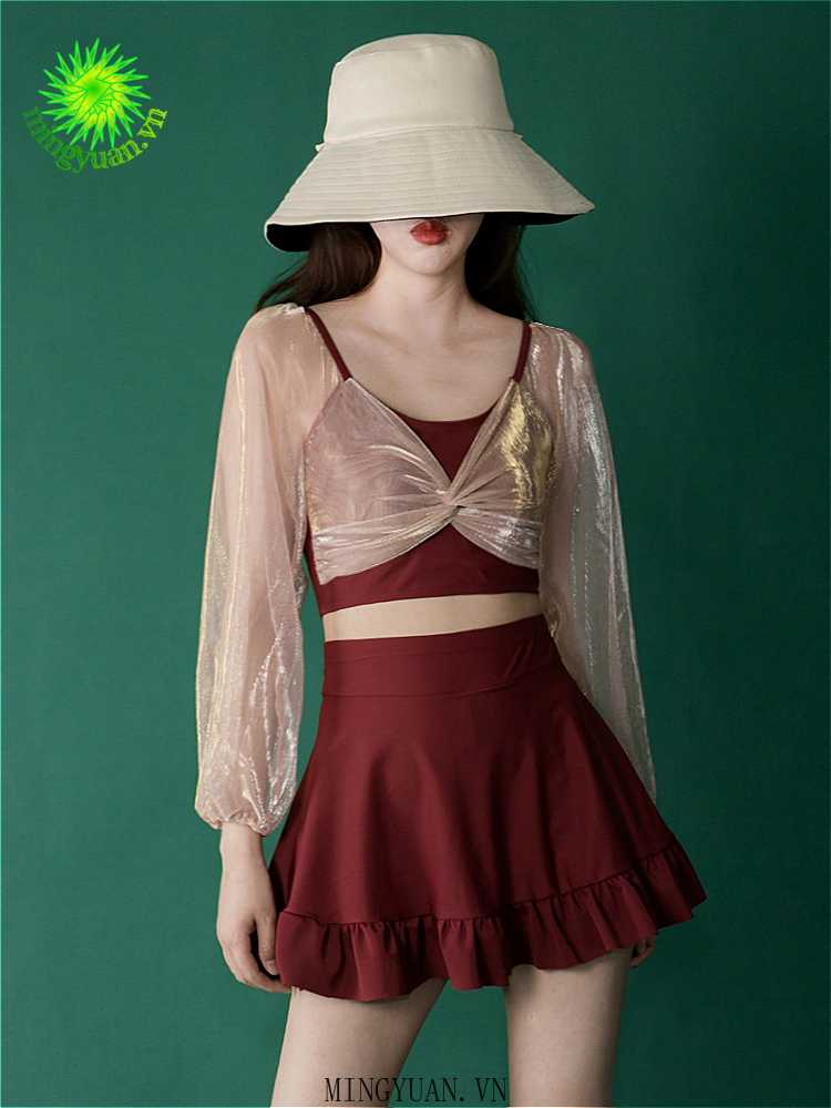 2020 new two piece swimsuit long sleeve red hot spring skirt women swimwear