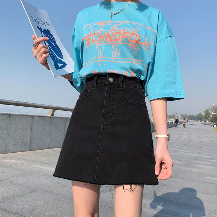 Chân váy jean chữ a dáng ngắn vải bò cạp cao tôn dáng phong cách Hàn Quốc A2