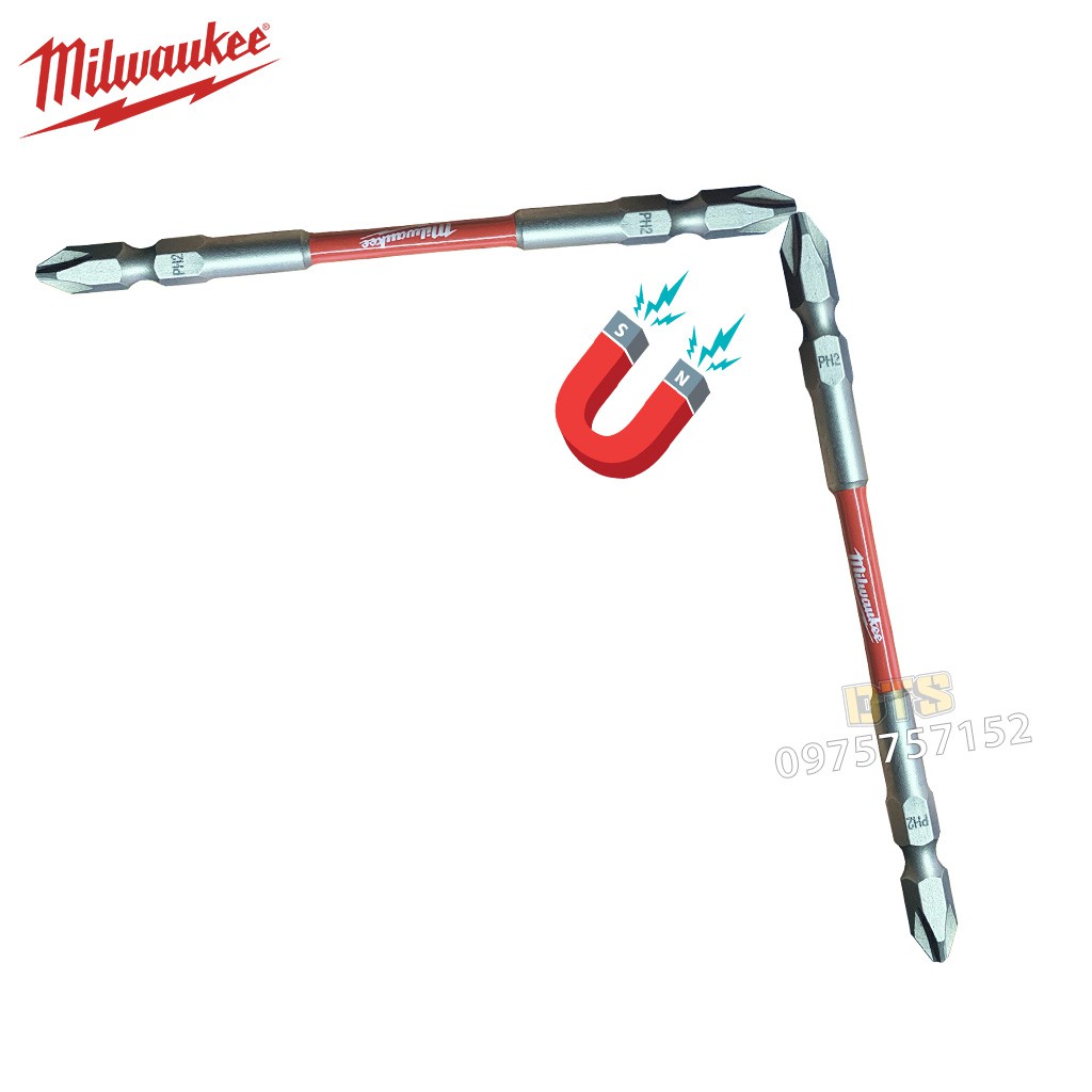 Mũi vít Milwaukee Mỹ siêu bền PH2 dài 110mm, mũi bắt vít 2 đầu 4 cạnh bake có nam châm từ siêu cứng, chống gỉ, chống tòe