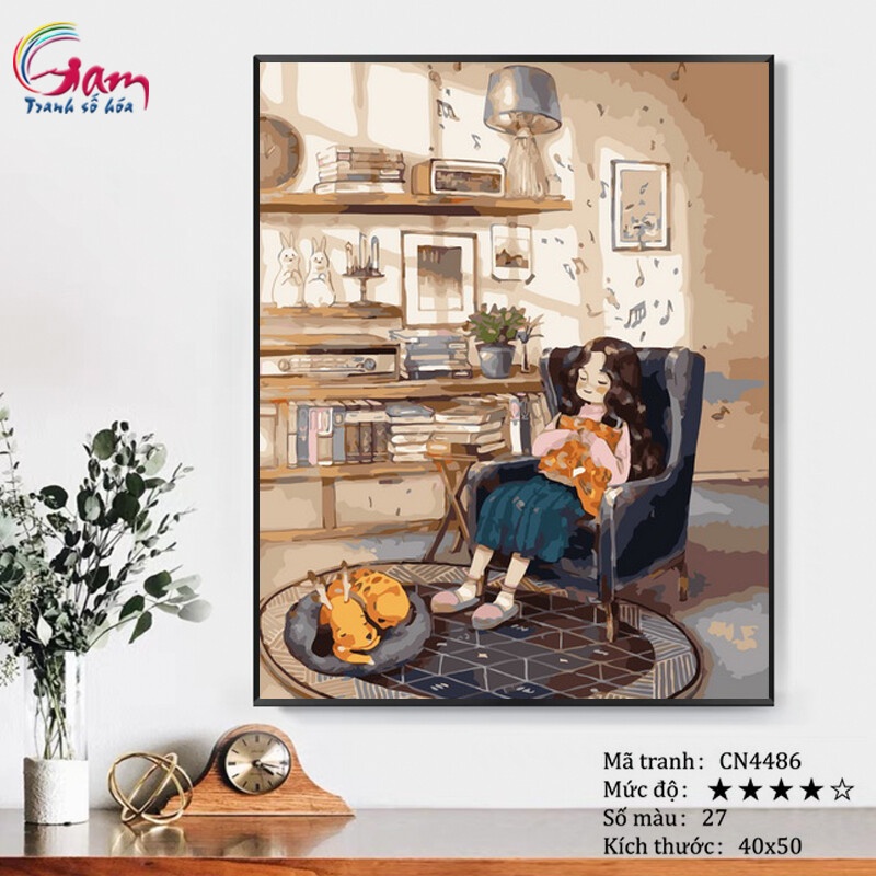 Tranh sơn dầu số hoá tự tô màu Gam cô gái độc thân CN4486 40x50cm căng khung