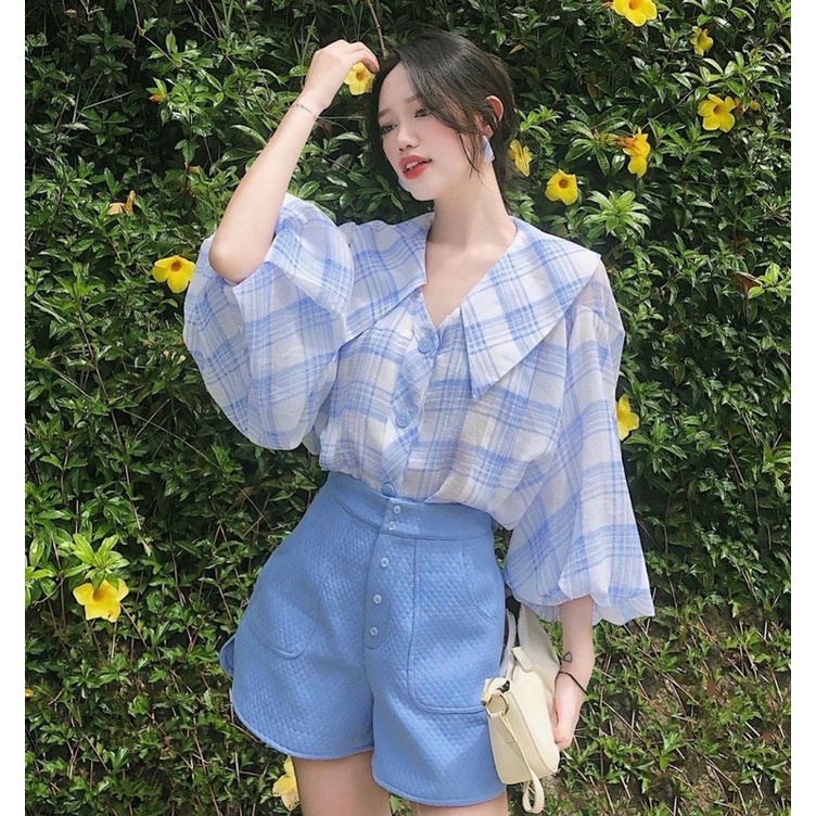 SET SƠMI CARO XANH CỔ NHỌN PHỒNG TAY + SHORT