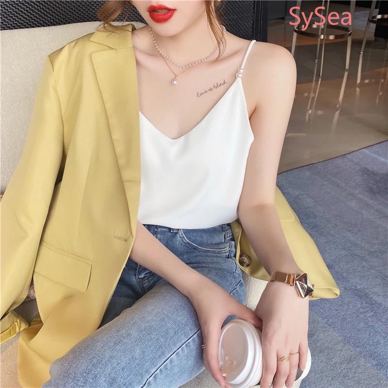 Áo Voan Hai Dây Đính Ngọc Trai Thời Trang Mùa Hè Pháp Cho Nữ