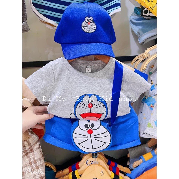 Bộ cộc tay bé trai, set 4 chi tiết , mũ, túi họa tiết doremon siêu ngộ nghĩnh cho bé