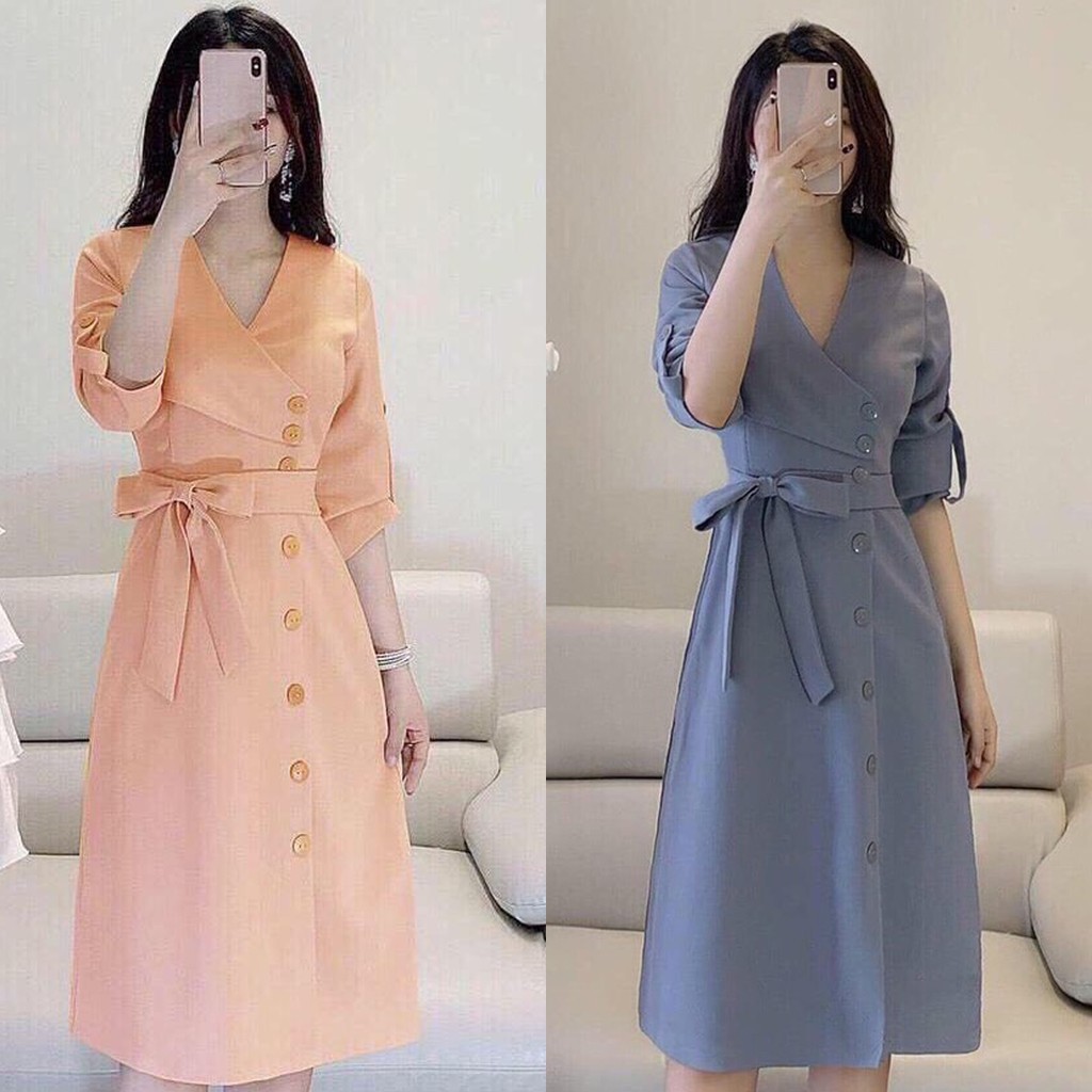 Đầm Nữ Dáng Xòe Đính Nút Dài Tay Thắt Nơ Lưng Vải Umi Free Size VNJ351