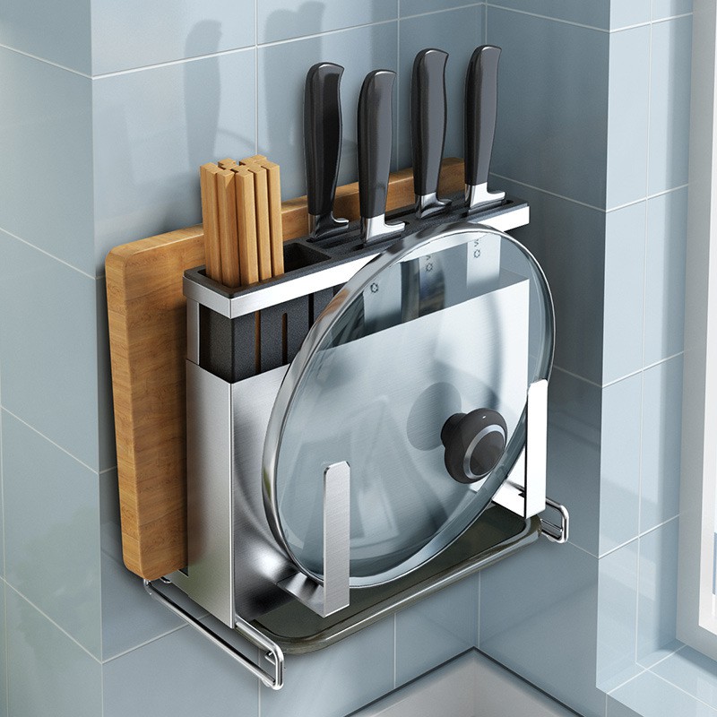 Giá Kệ Để Dao Thớt , Có Giá Để Nắp Xoong Nồi ,  Ống Đựng Đũa INOX SUS304 Dán Tường