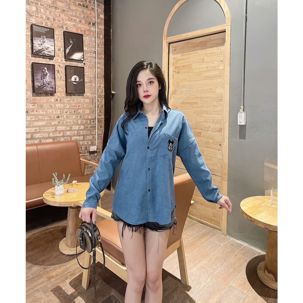 Áo sơ mi nhung tăm thêu Mickey nhiều màu Lovi