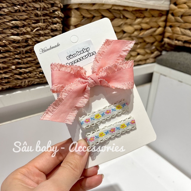 Sét kẹp nơ trơn thổ cẩm handmade màu vàng cho bé