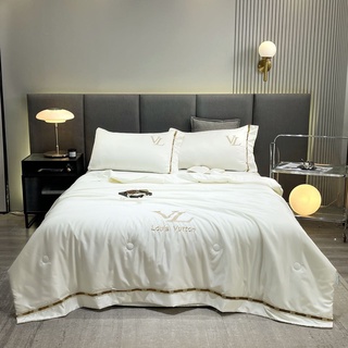 Sét 4 món chăn ga lụa LV cao cấp, Bộ chăn ga gối chất phi lụa mềm mịn sang trọng