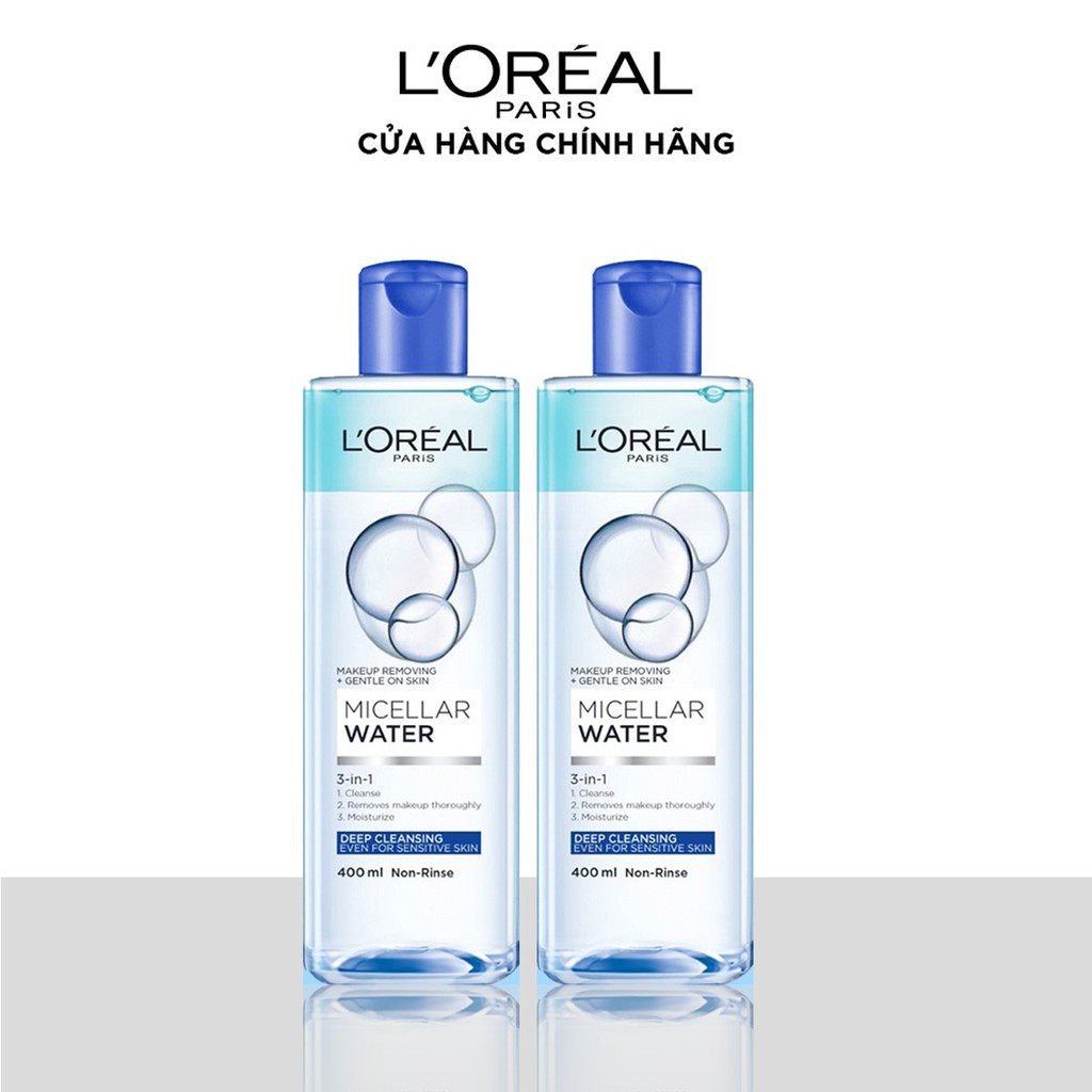 Bộ 2 nuớc tẩy trang đa năng 3-in-1 L'Oreal Paris Micellar Water 400ml x 2 - Pháp Chính Hãng