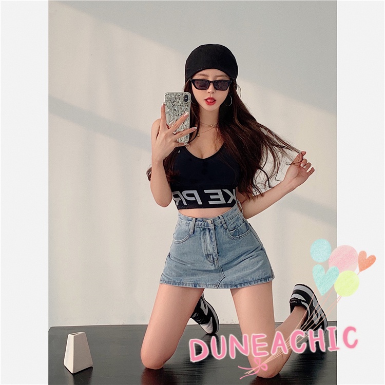 DUNEA Chân Váy Denim Lưng Cao Xẻ Tà Phong Cách Retro