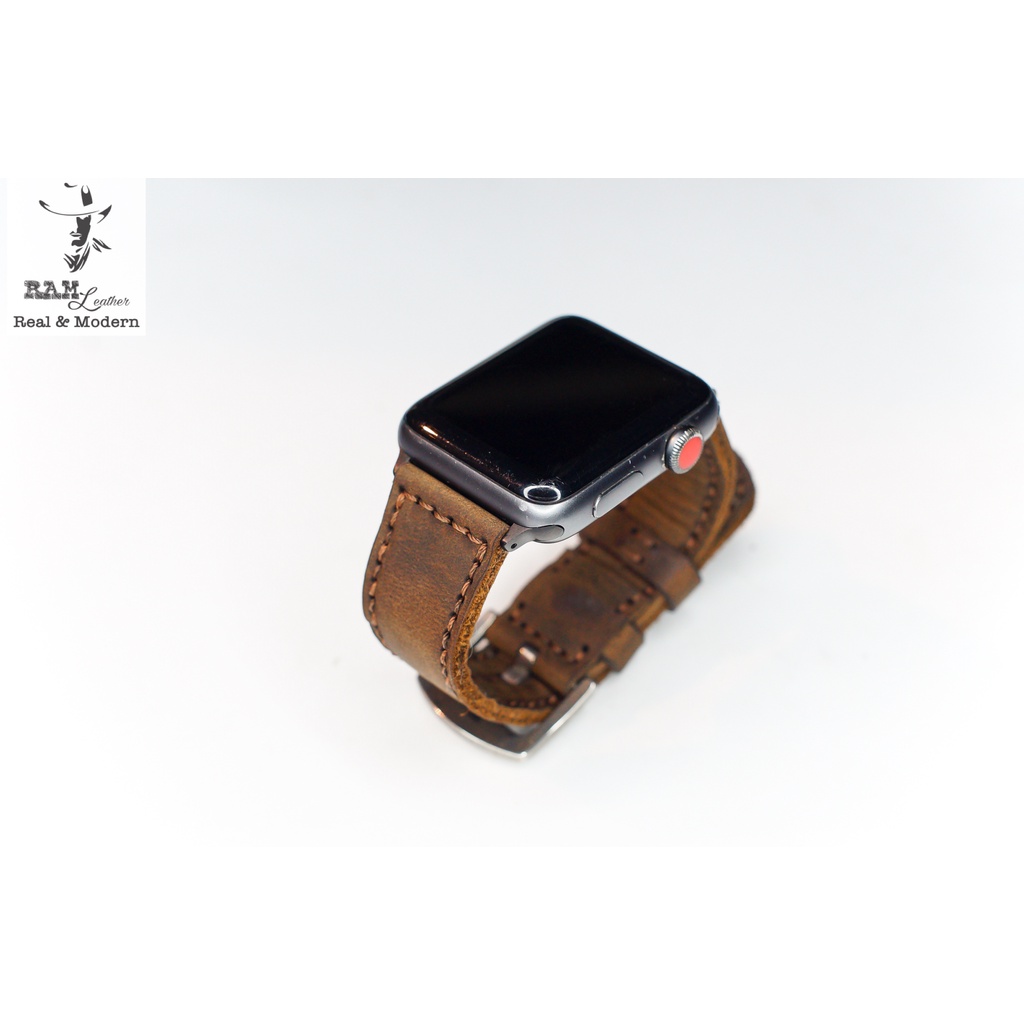 Dây apple watch da bò thật nâu đất handmade bền chắc cực đẹp RAM Leather bauhaus 1950 - tặng khóa chốt và adapter