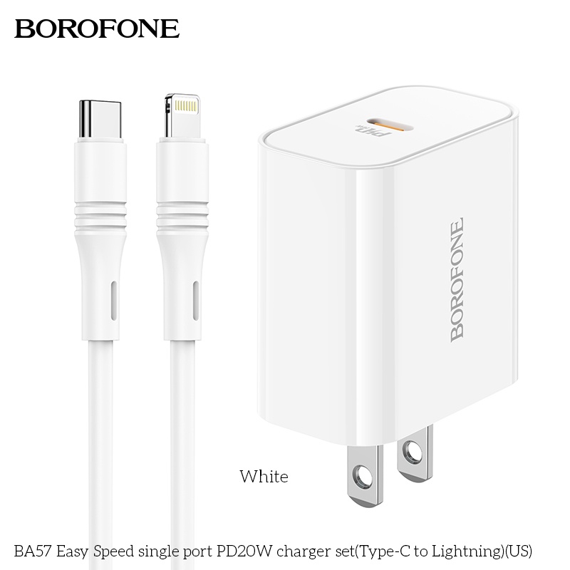 Sạc iPhone Borofone 20W : Củ sạc nhanh 20W PD và dây sạc type-C to lightning tương thích iPhone 13,12,11,X,8,7,6