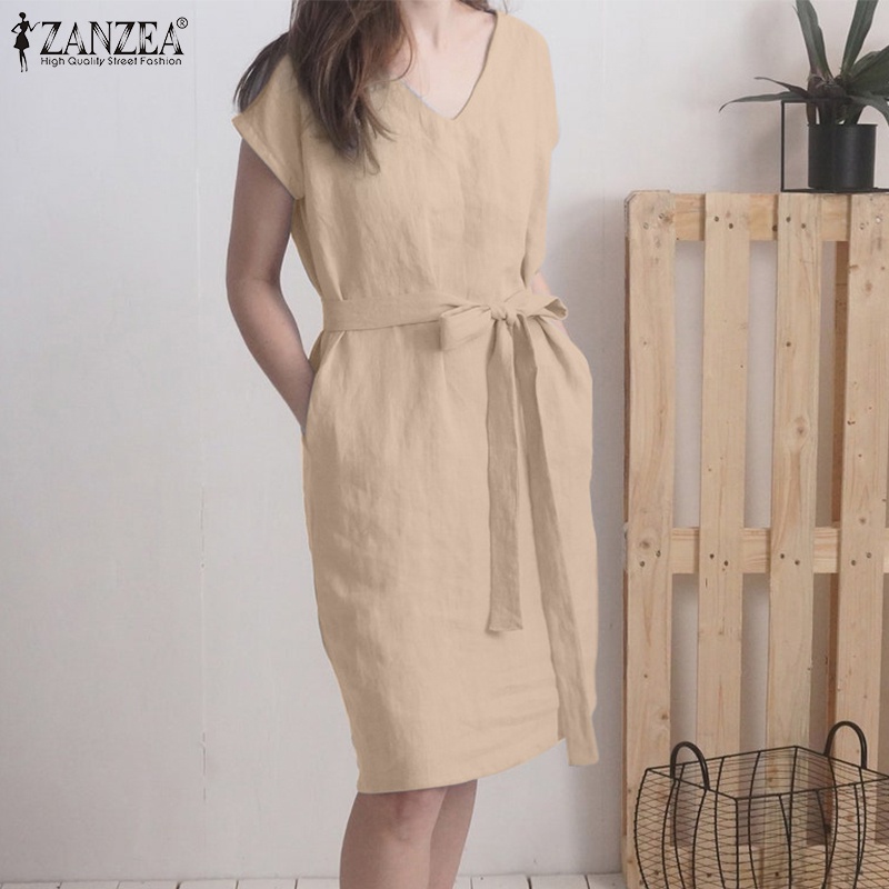 Zanzea Đầm Midi Tay Ngắn Cổ Chữ V Màu Trơn Phong Cách Châu Âu Thời Trang Cho Nữ