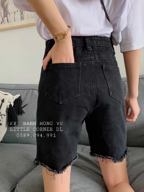 Quần ngố đen basic lưng cao co dãn rách ngang form ulzzang kèm ảnh thật