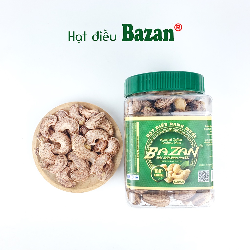 Hạt điều rang muối Bazan Bình Phước nguyên hạt dinh dưỡng A+ loại 1 hộp 500g nắp xanh còn vỏ lụa | BigBuy360 - bigbuy360.vn