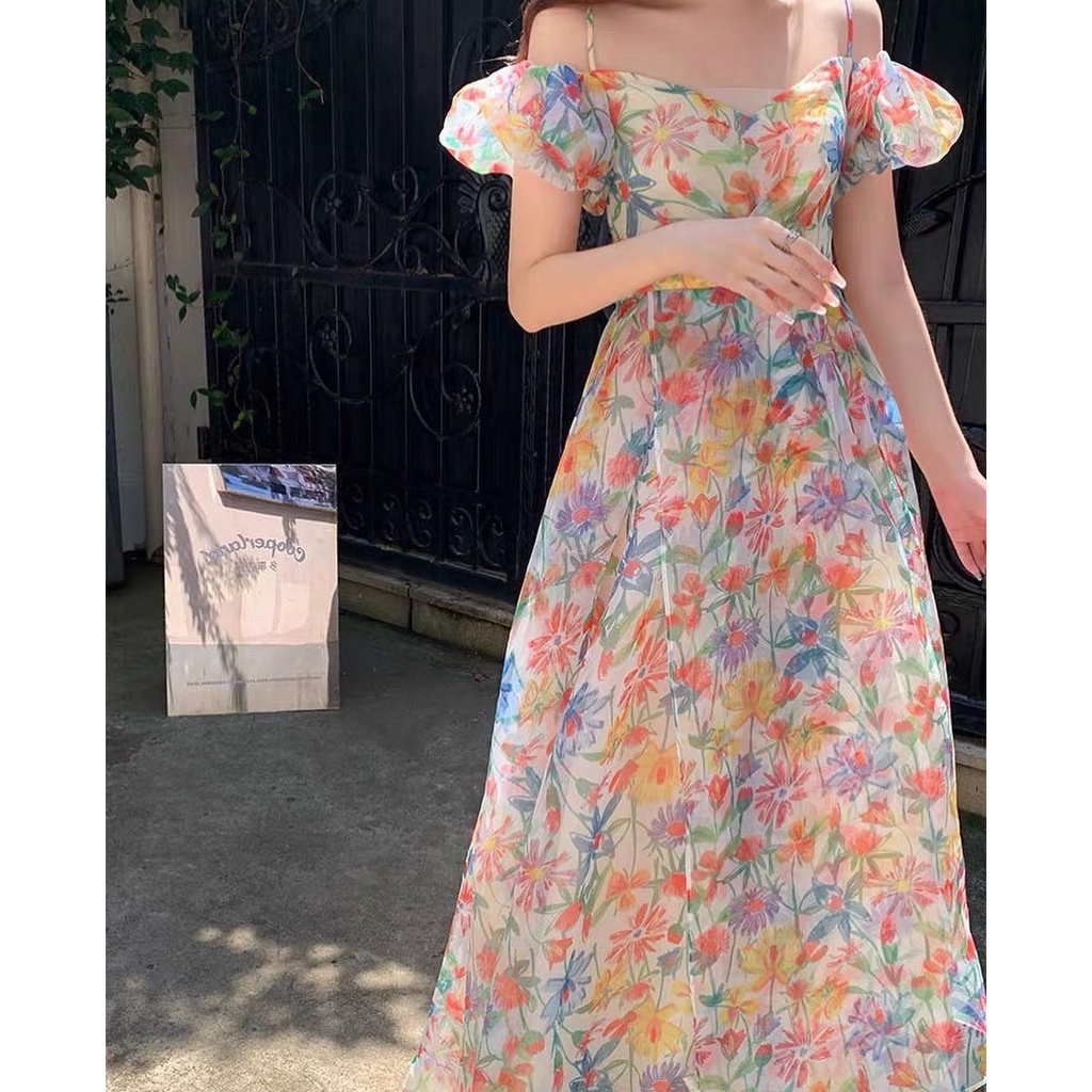 Đầm hoa dự tiệc rớt vai đan dây sống ảo váy xinh dễ thương sang chảnh phong cách XUKA DRESS