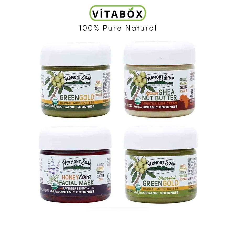 Vermont Soap - Sáp hữu cơ dưỡng da chống lão hóa - Green Gold Herbal, African Shea Butter, Honey Love Facial Mask