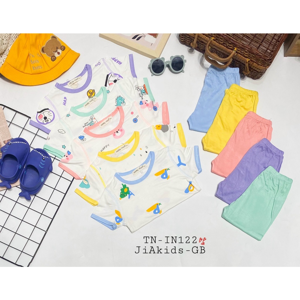 Bộ Tay Ngắn Quần Dài THUN LẠNH MINKY MOM In Thân Áo Trắng Quần Màu Cho Bé TN-IN122