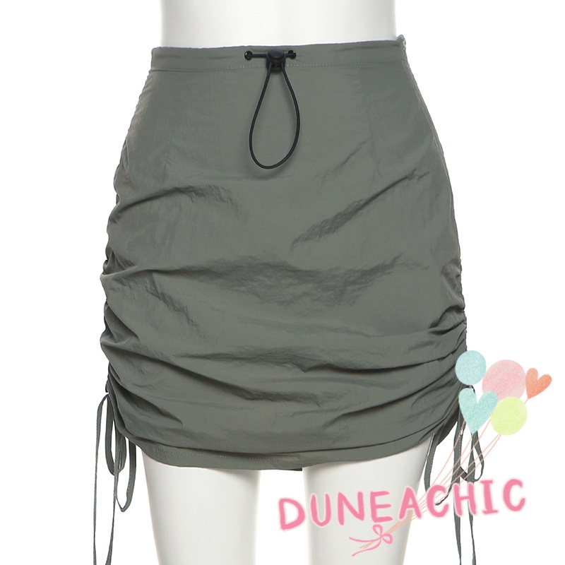 DUNEA Chân Váy Xếp Ly Lưng Cao Phối Dây Rút Thời Trang Cho Nữ