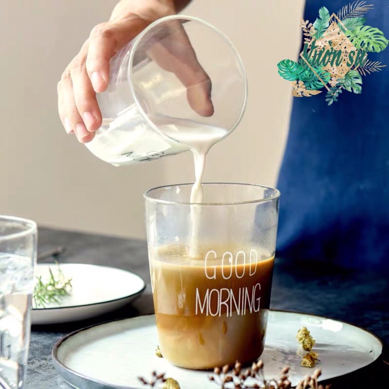 Ly thủy tinh dễ thương uống nước cute GOOD MORNING 350 ml Cốc thủy tinh chịu nhiệt có quai - VS65
