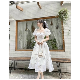 [Ảnh thật trải sàn] Đầm hoa cổ vuông nút bọc