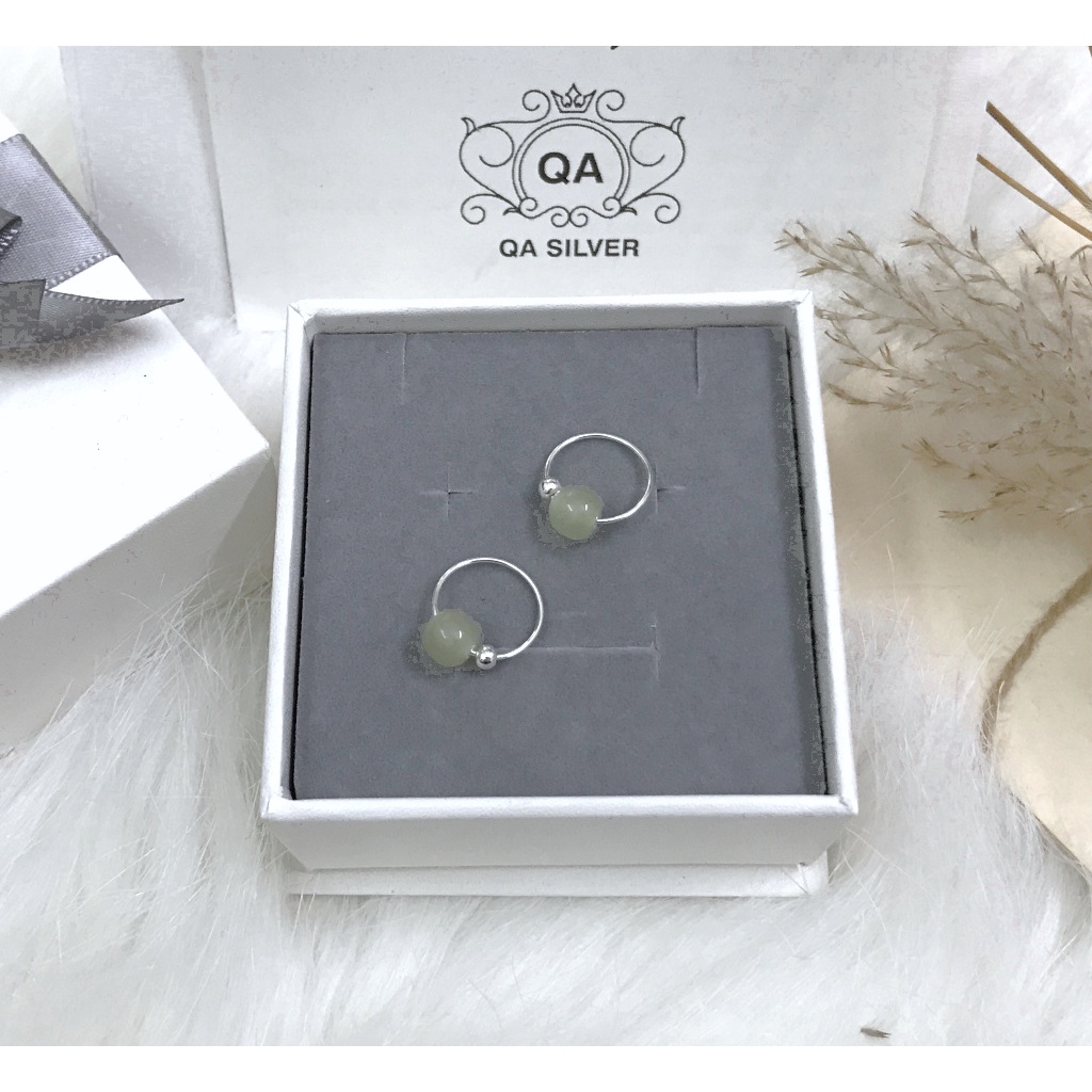 Khuyên tai bạc 925 tròn mặt đá xanh bông nữ tối giản S925 JADE QA SILVER Earrings EA220709