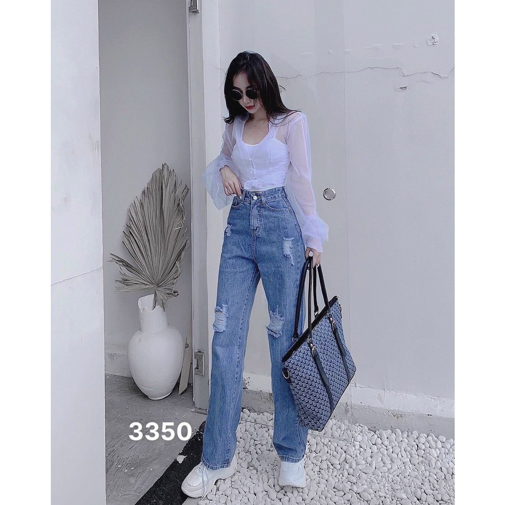 QUẦN JEANS ỐNG RỘNG NỮ LƯNG CAO RÁCH ĐÙI MẢNG MÀU XANH NHẠT LAI CUỐN VẢI MỀM MỊN SIÊU MÁT CAO CẤP NITI