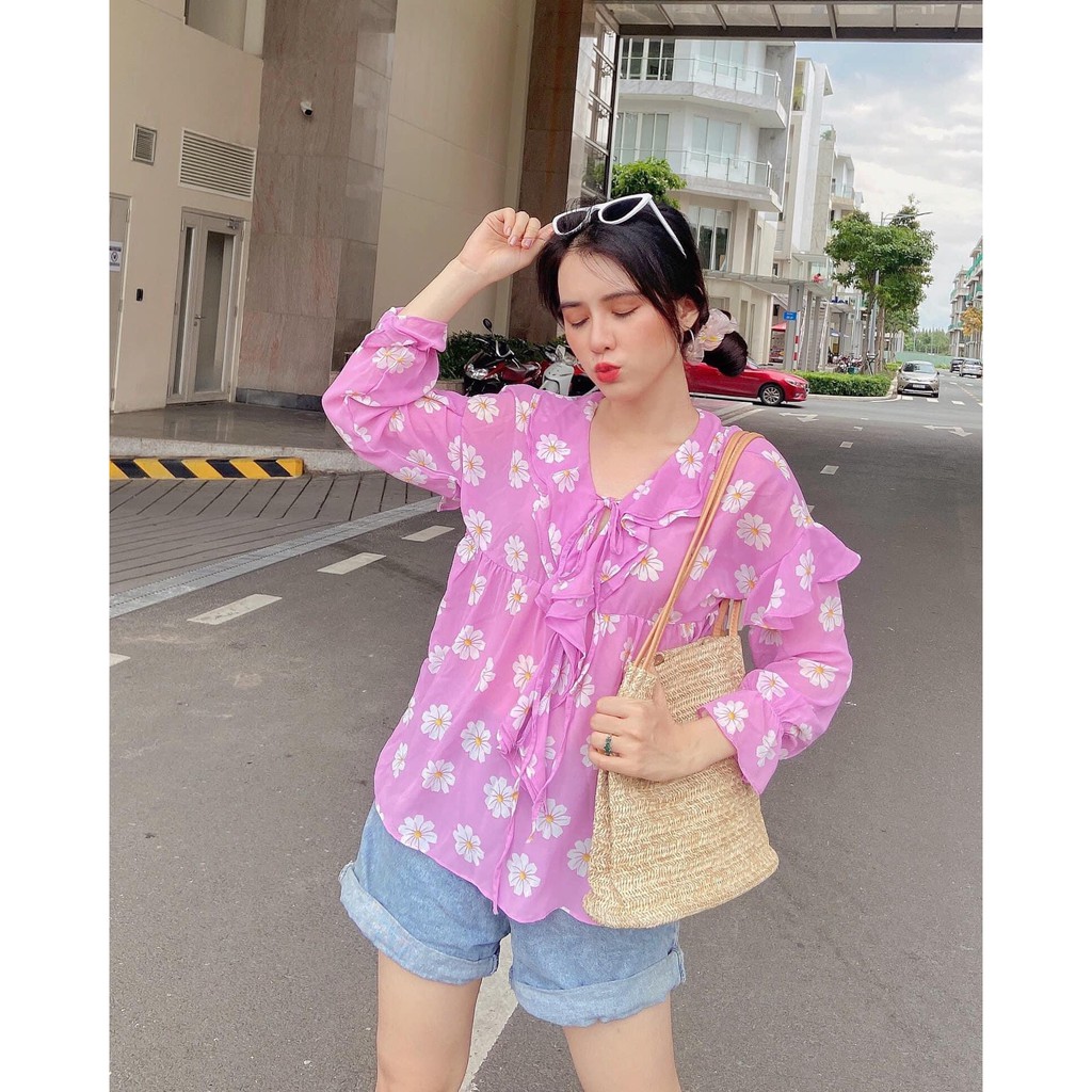 ÁO HOA SƠ MI CỔ NƠ form rộng