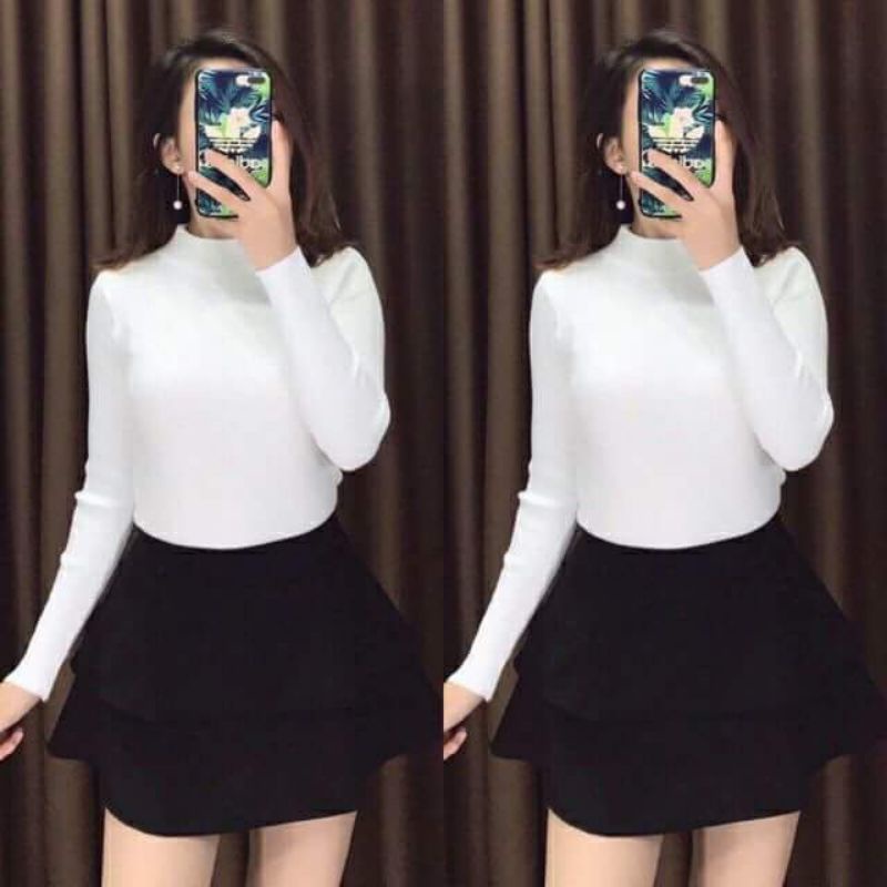 Áo len tay dài cổ cao 3 phân thun gân tăm co giãn, Áo cổ lọ nữ len gân - CH33
